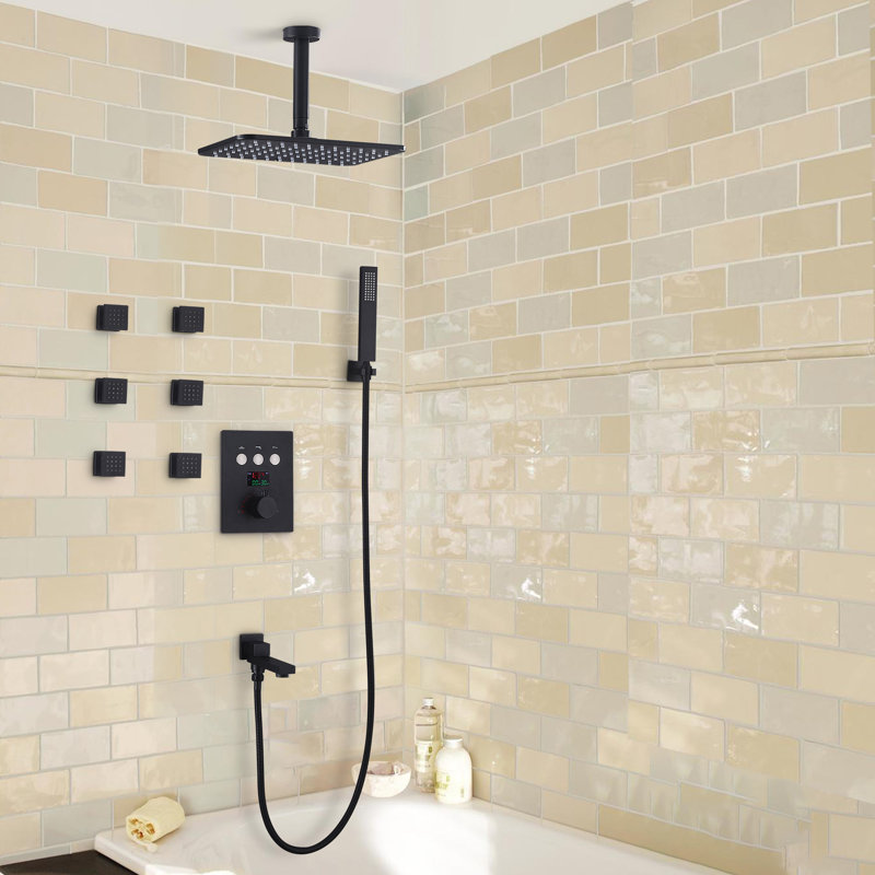 Système de douche thermostatique de plafond avec valve brute et bec de baignoire, Noir mat