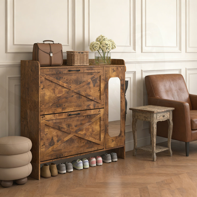 Armoire de rangement pour chaussures mince avec tiroirs rabattables, porte miroir et compartiments réglables pour l'organisation du vestibule.