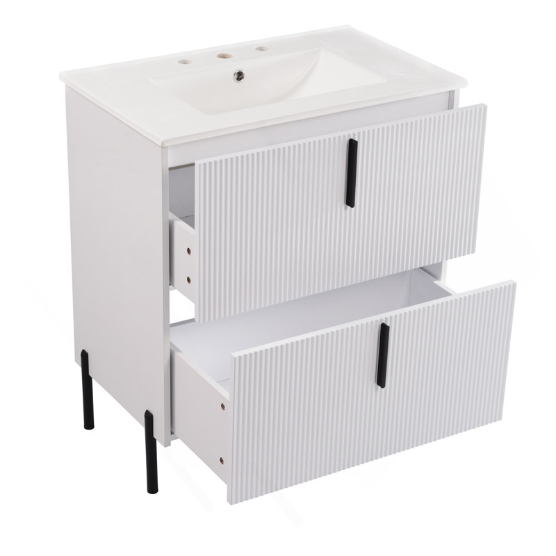 Meuble-lavabo de 30 po avec lavabo en céramique et tiroirs pleine extension, glissières de tiroir encastrées à fermeture en douceur, conception cannelée, blanc