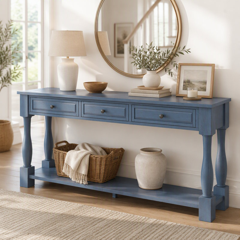 Console Console de 63 po de long avec tiroirs et tablette pour le vestibule, le couloir et le salon, Marine
