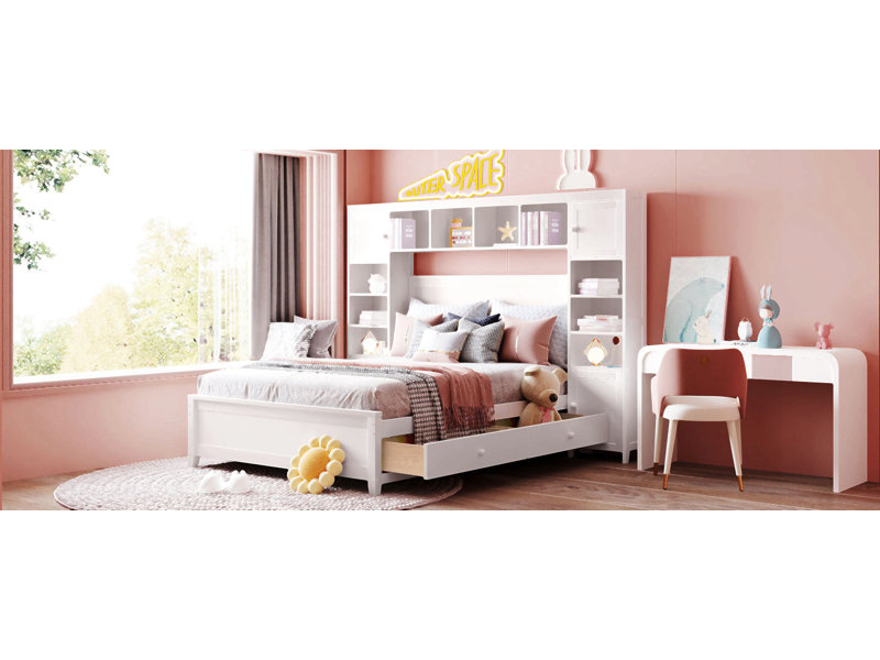 Lit double en bois avec armoire et tablette tout-en-un, Blanc