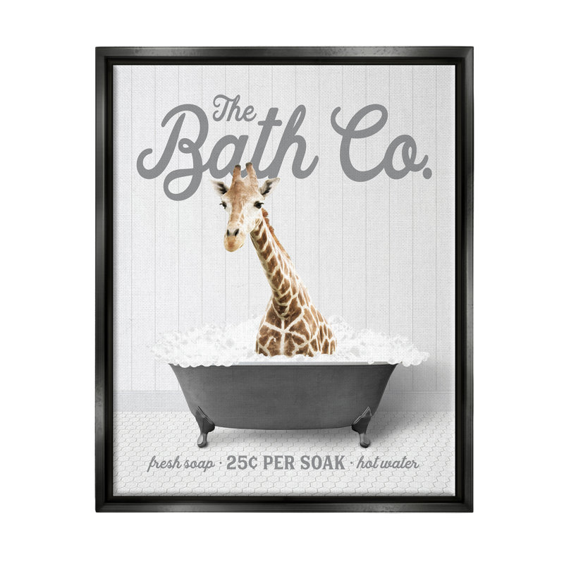 Girafe dans un bain à bulles, art mural sur toile flottante par lettré et doublé, Cadre flottant noir de jais