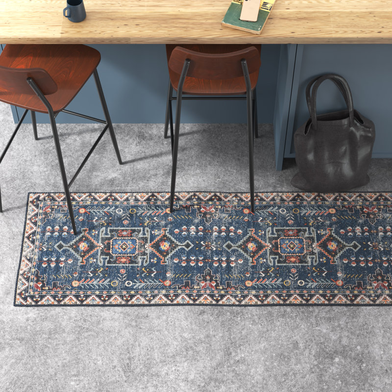 Alburnett Machine Washable Teal and Ivory Area Rug, Runner 2' x 8'