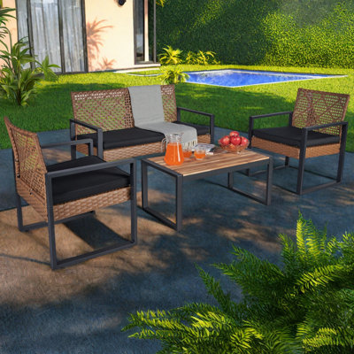 4-Piece Patio Furniture Set Outdoor Balcony Porch Garden Backyard Lawn Furniture Acacia Wood Table Top by Ebern Designs