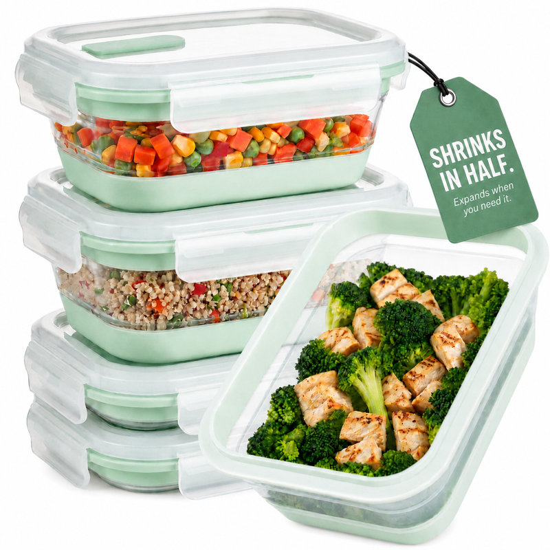 10 Piece Collapsible Silicone 27 oz. Meal Prep Food Storage Container Set with Airtight Snap Lock Lids