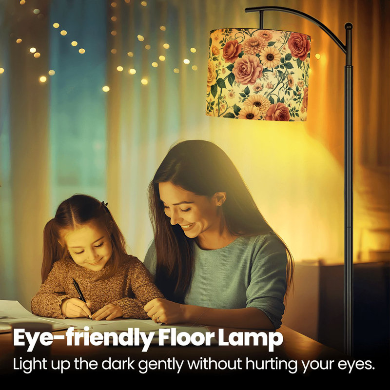 Lampe sur pied à arc avec abat-jour réglable Vintage Rose Daisy Floral Peach Rose Summer Decor Blossoms Lampadaire 3 températures de couleur à intensité variable pour lampe