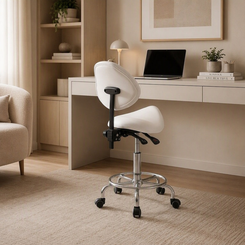 Tabouret de selle ergonomique avec dossier, pivotant, inclinable et à roulettes pour usage médical et de bureau - Blanc