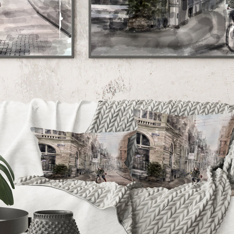 Coussin City Street avec une fille sur le vélo - imprimé colonial, 18 po x 18 po