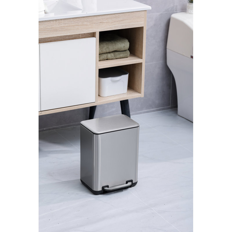 Silver Rectangular Step-On Trash Can with Plastic Inner Bucket