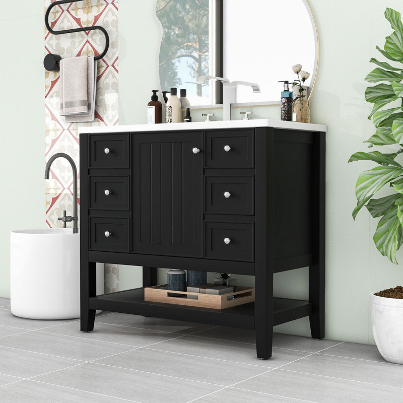 Tyshiem Modern Freestanding Single Bathroom Vanity with Ceramic Sink and Ample Storage, Black