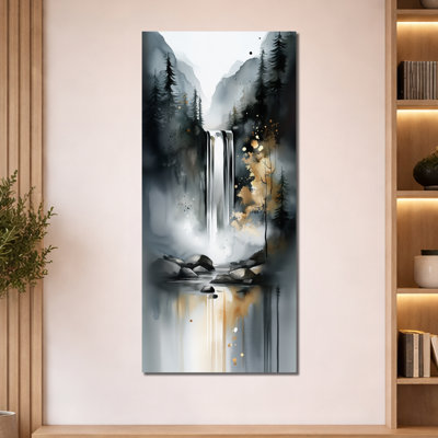 «Gray Gold Autumn Waterfall Forest Trail II», reproduction d'art encadrée sur toile