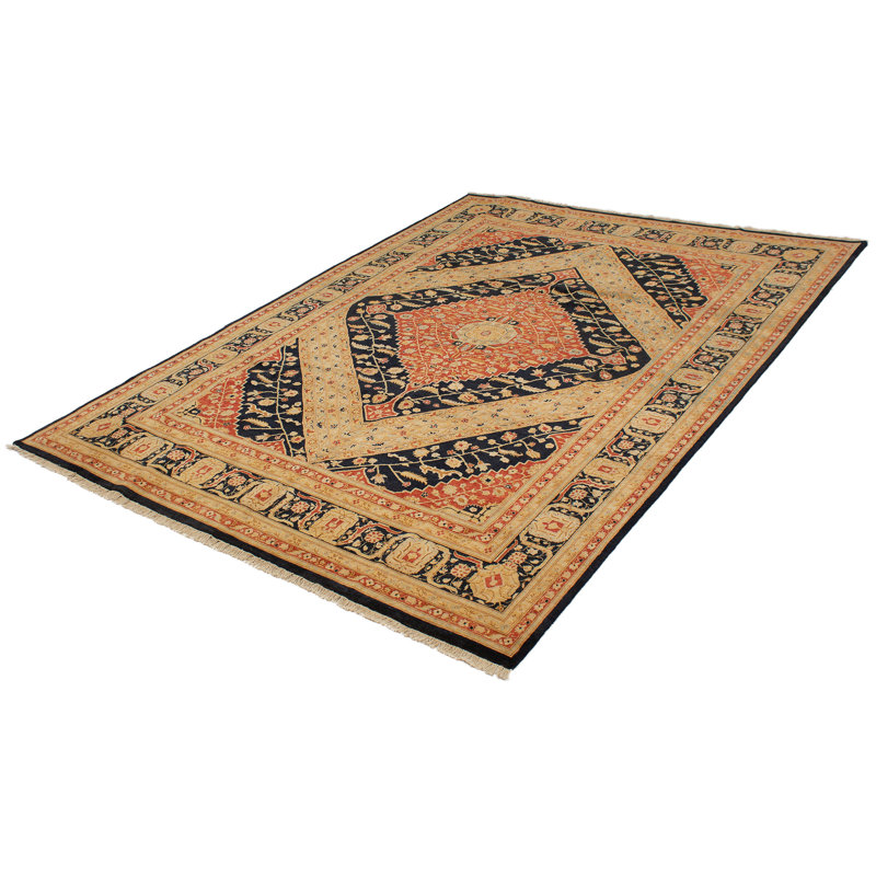 Tapis d’intérieur en laine bleu marine/crème 8 pi 10 po x 12 pi 1 po à la main one-of-kind-noué la 2010 ushak Vorti