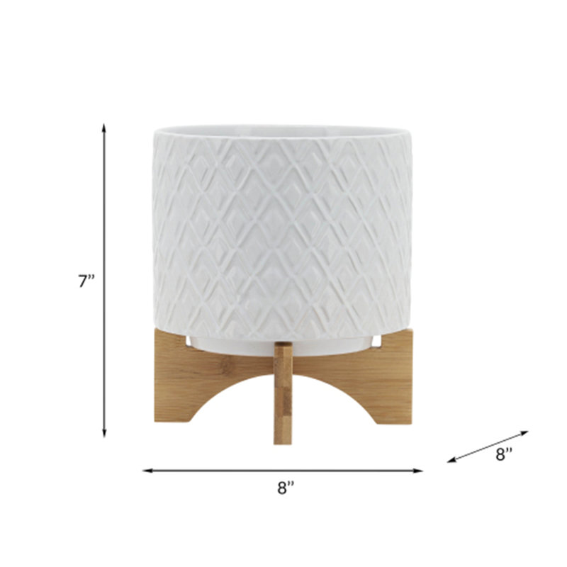 Pot à fleurs en céramique avec support en bois Gillett Modern Design, H 7 po x l 8 po x P 8 po