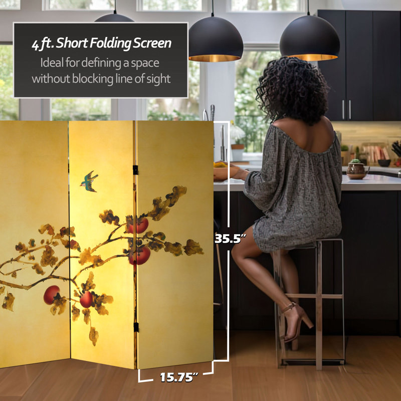 4 ft. Short Double Sided Canvas Folding Screen, Gold with Bird and Branch