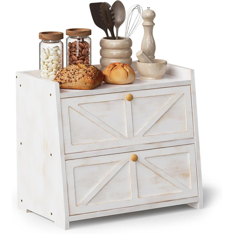 Vintage Double Layer Bread Box For Kitchen Counter Bamboo Bread Storage Container Large Capacity Bread Storage Bin (Antique White)