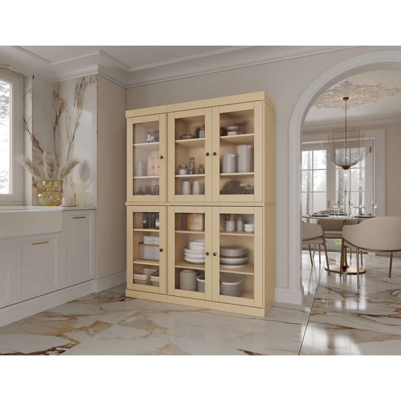 Vaisselier 100% bois massif 48,5 po avec portes en verre givré et tablettes réglables, Jaune