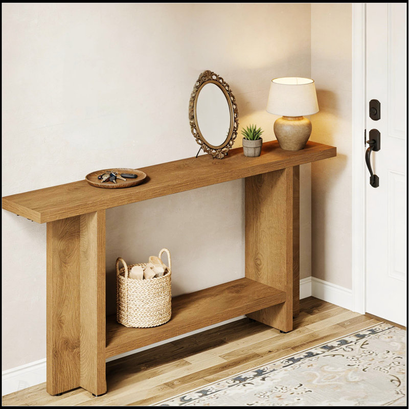 Table de canapé à deux niveaux avec rangement rustique, parfaite pour les couloirs et les espaces de vie, maximisant l'espace et le style.