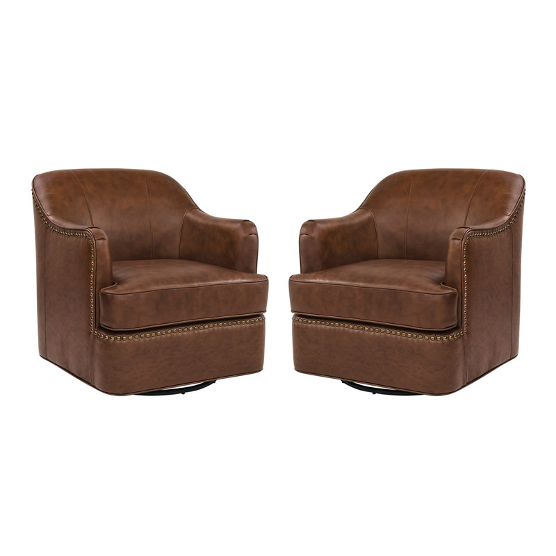 Genuine Leather Swivel Barrel Chairs, Dark Brown
