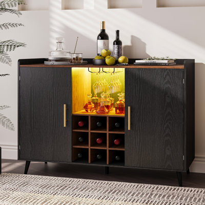 47.2" W Coffee Bar Wine Cabinet With 9-Grid Wine Rack, Adjustable Shelves & Led Light, Multi-Purpose Home Bar & Liquor Bar With Wine Glass Holder For by George Oliver