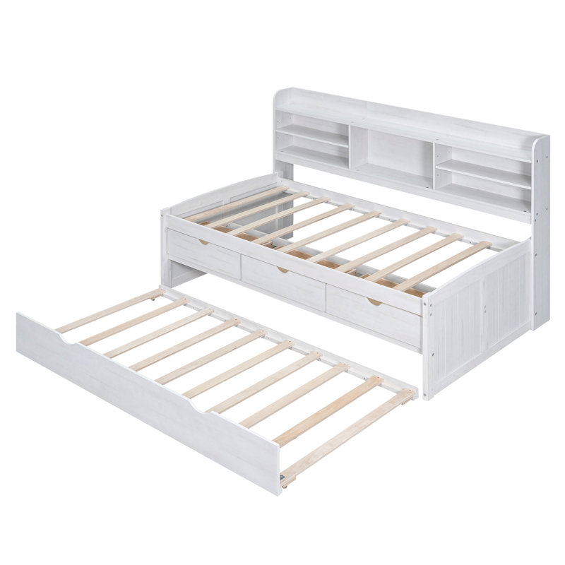 Twin Size Wooden Captain Bed With Built-In Bookshelves,Three Storage Drawers And Trundle, Twin, White Washed