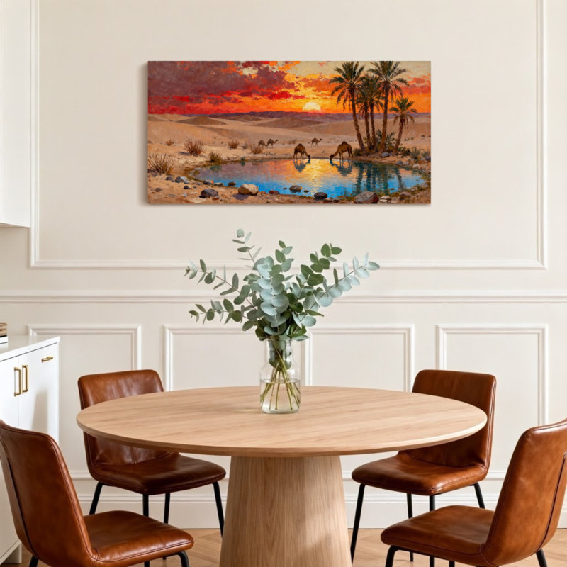Paysages pittoresques et urbains Désert Oasis Coucher de soleil Chameaux Palmiers Reflet de l'eau, H 24 po x l 48 po