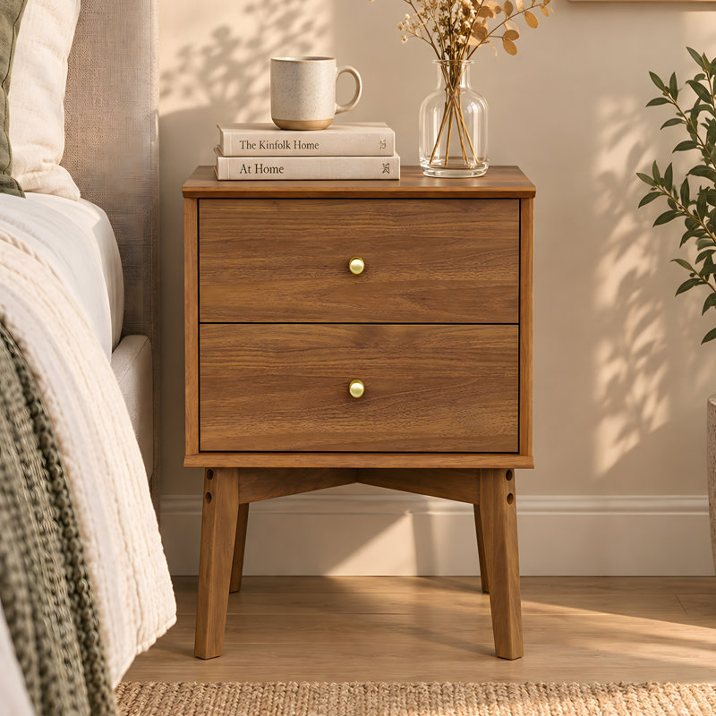 Mid-Century Modern 2-Drawer Nightstand With Tapered Legs, Noyer