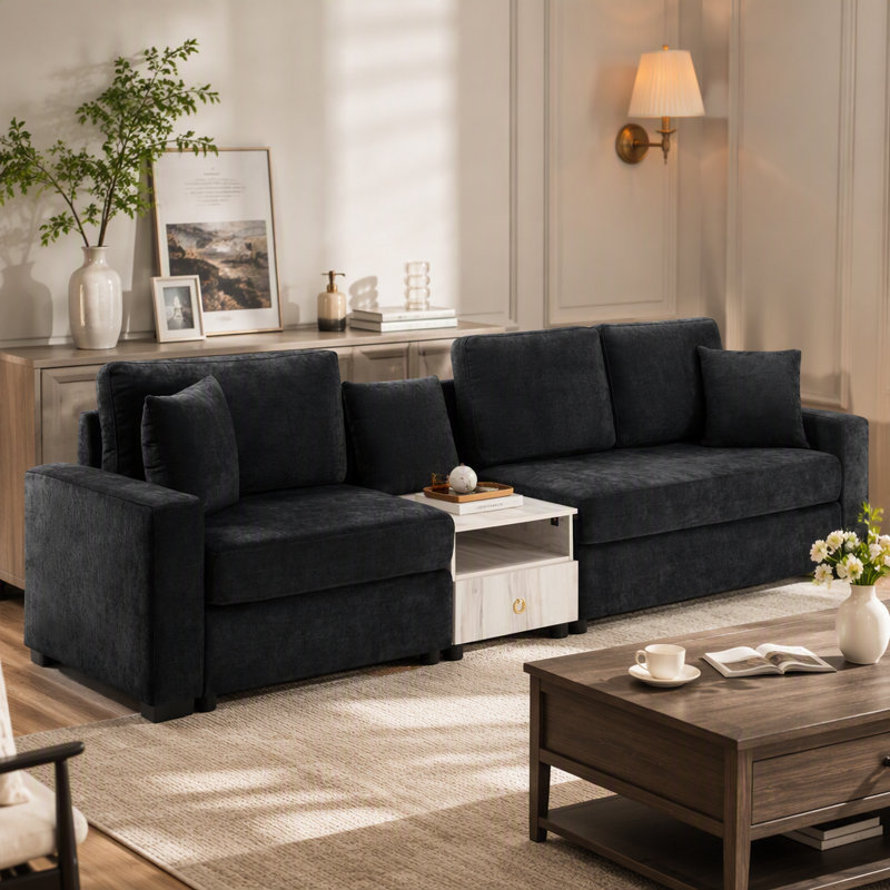 Canapé modulaire rembourré 3 places avec accoudoirs et console centrale pour le salon, Chenille noir