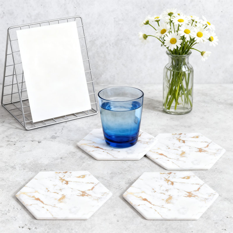 Marble Coasters With Holder, Absorbent Ceramic Coasters For Drinks, Cork Base, White