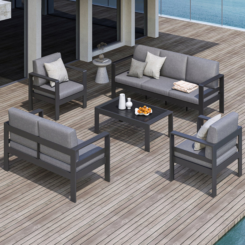 Metal 7 - Person 5 Piece Sofa Seating Group with Cushions, Dark Gray Cushion/Dark Gray Frame