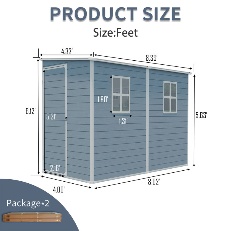 4X8ft Outdoor Storage Shed With Floor Resin Shed With Two-Window, Waterproof ,Lockable Doors For Patio,Yard,Lawn --Gray (W540S00043)