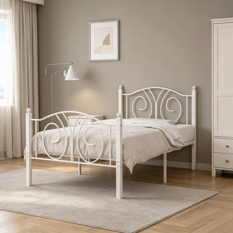 Base de lit plateforme simple en métal blanc avec tête de lit et pied de lit simple, rangement sous le lit de 12,6 po, aucun sommier tapissier requis