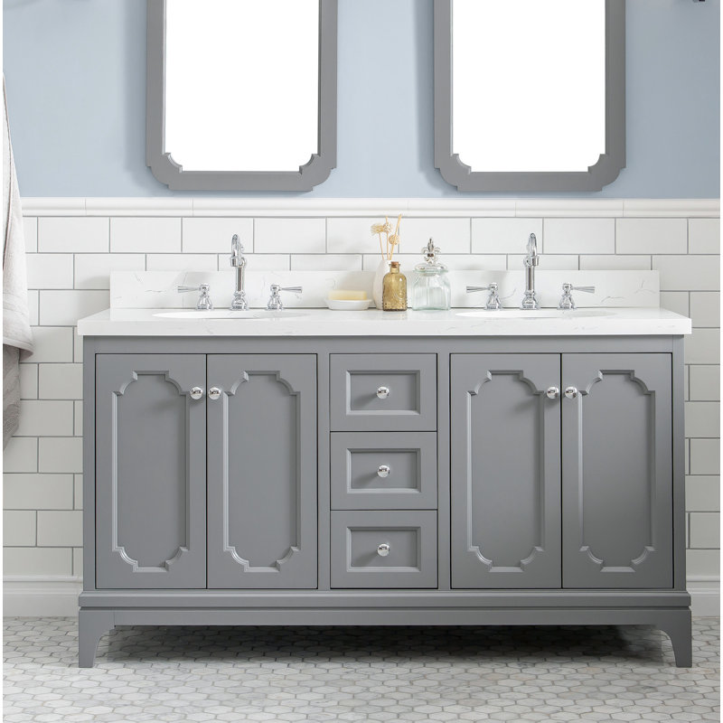 Queen 60" Sink Carrara Engineered Marble Countertop Bath Vanity with Faucet, Hook, Cashmere Grey