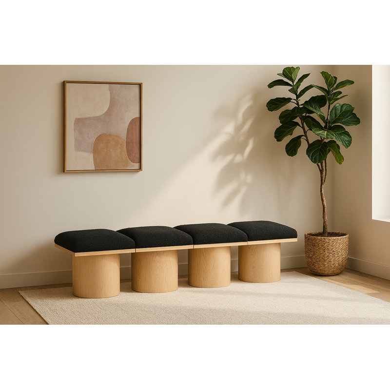 Banc rembourré Horatia, Naturel, Tissu bouclé noir, H 17,5 po x l 72 po x P 15,5 po