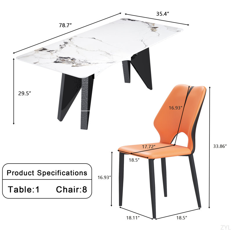 Table de salle à manger en marbre pour 6-8, table de salle à manger de luxe moderne 79 "pour la cuisine, table rectangulaire en or de Carrare avec base de cheval en acier inoxydable pour 6 à 8 personnes avec 8 chaises