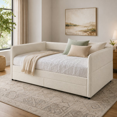 Bouclé Upholstered Queen Daybed with Pull-Out 2 Storage Drawers, Beige
