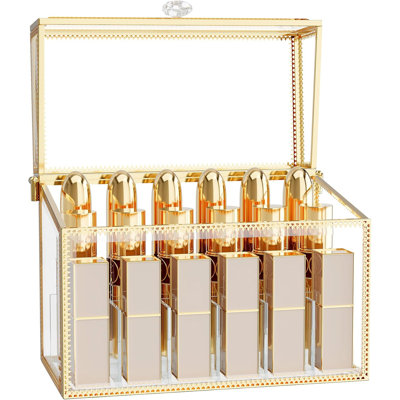 Glass Lipstick Organizer with Lid, 18-Slot Vanity Holder, Clear | Clear tempered glass, gold-tone frame, lidded 18-slot organizer