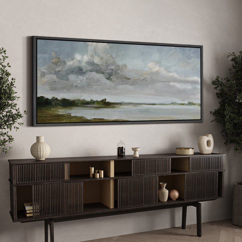 Tranquil Landscape Soft Brushstroke Lake Scene, reproduction d'art sur toile, H 30 po x l 60 po, Noir, noir, noir, noir