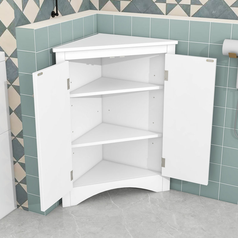 Armoire de rangement de coin de salle de bain en bois avec tablettes réglables, conception triangulaire pour petits espaces