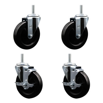 Rubber Wheel Swivel 3/4 Inch Threaded Stem Caster Set 2 Brakes SCC