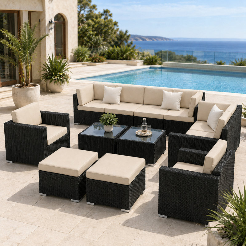 Wicker 10 - Person Modular Rattan Patio Conversation Set with Cushions, Beige