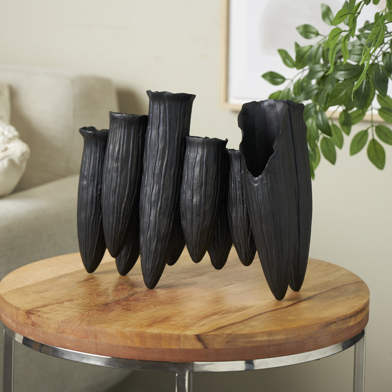Lark Manor™ Ceramic Floral Inspired 10 Openings Abstract Vase With Linear Grooves, Black