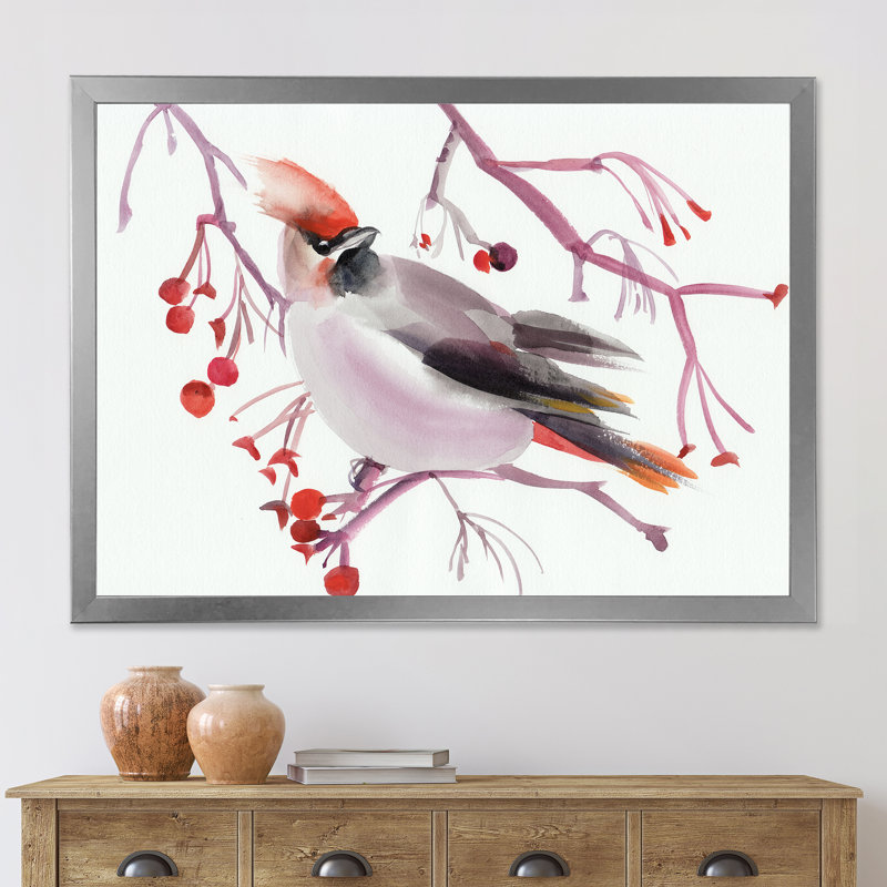 Oiseau ciré sur une branche - peinture sur toile, Encadrement argenté, H 30 po x l 40 po x 1,5 po