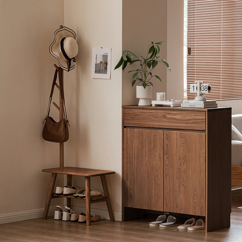 Shoe Stool With Cloth Hanger, Mid-Century Modern Storage Bench, Walnut