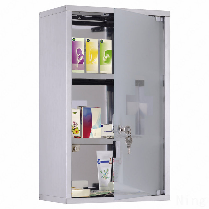 Armoire à pharmacie murale verrouillable en verre à 3 niveaux, structure en acier inoxydable, 2 clés