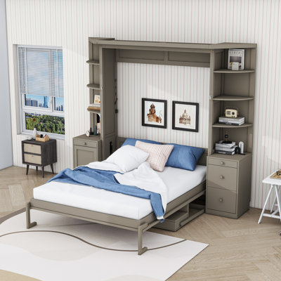 Lit escamotable avec bureau, tablettes de rangement et armoires