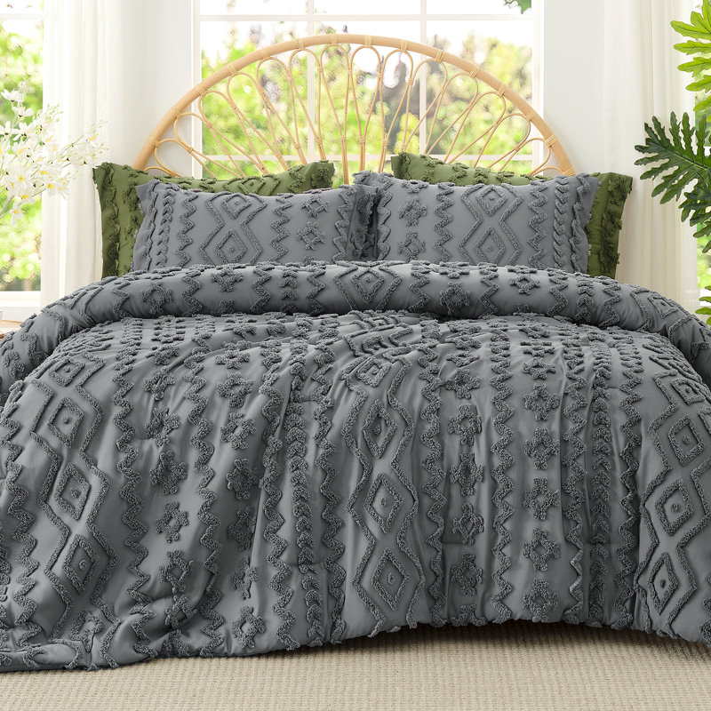 Ensemble d'édredon léger texturé Boho, Gris, Édredon simple + 1 taie d'oreiller standard