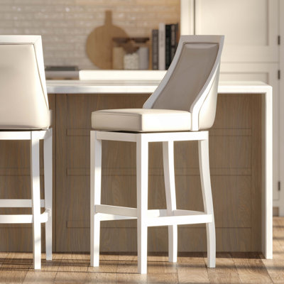 Bar Stool With Tall Back, White With Gray Faux-Leather Seat