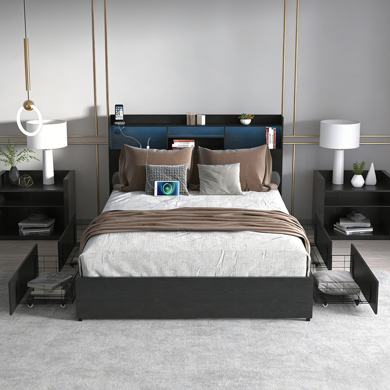 Bed Frame with 4 Storage Drawers, LED Headboard with Charging Station & Storage Shelf, Wooden Platform Storage Bed Frame No Box Spring Needed