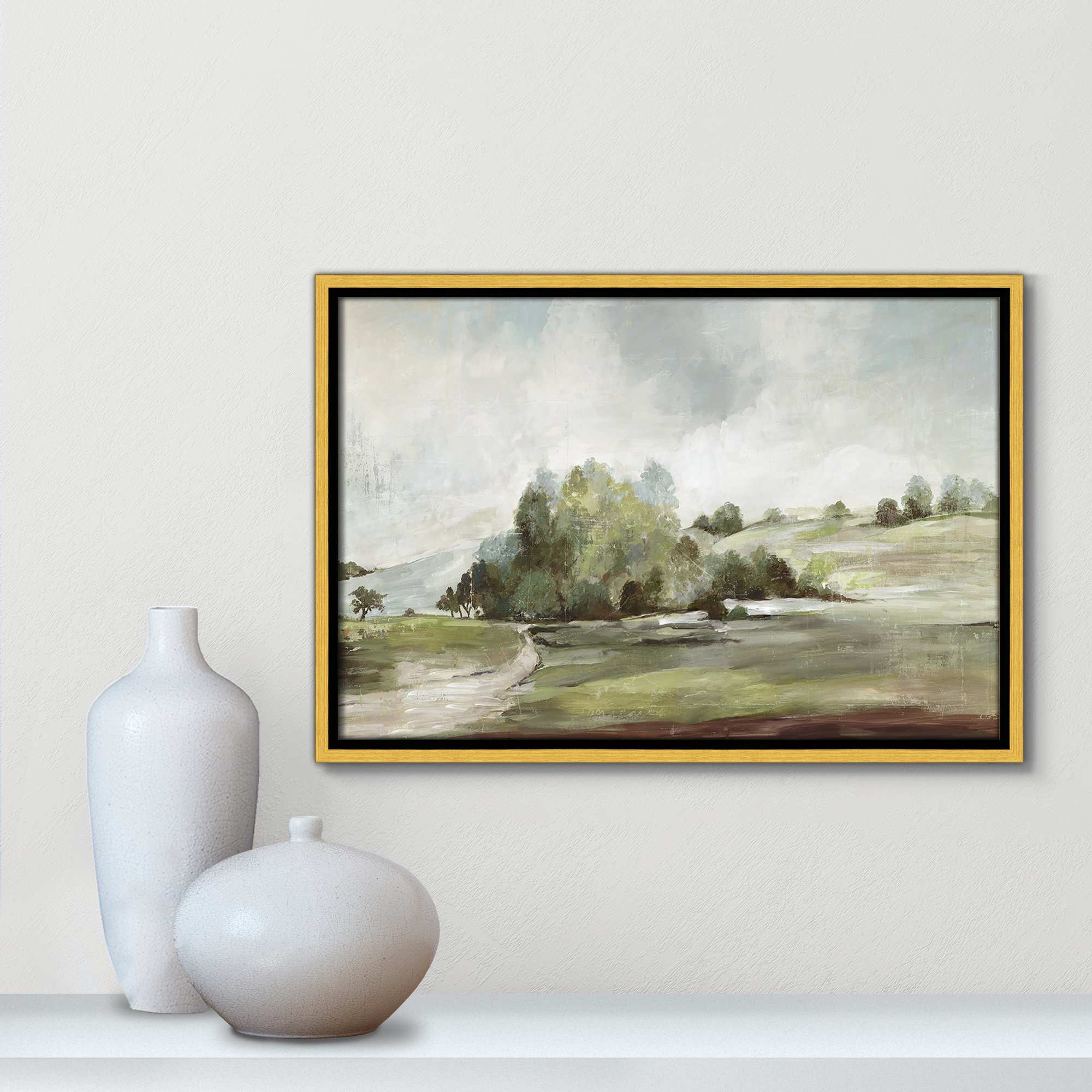 Green Country Road by Allison Pearce - Floater Frame Print on Canvas, 13.5" H x 19.5" W, Gold