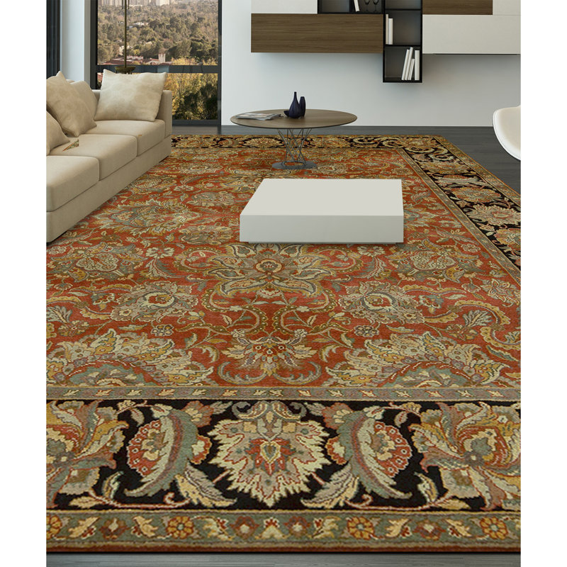 Hand Knotted Wool Area Rug in Rust And Black